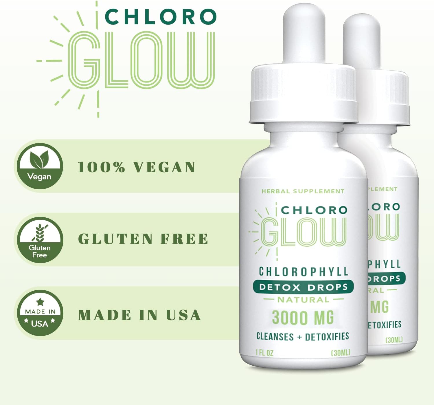3000mg Chloroglow Liquid Chlorophyll Drops | Energy & Immune Support, Natural Detox, Altitude Sickness Prevention | 30ml (Pack of 2)