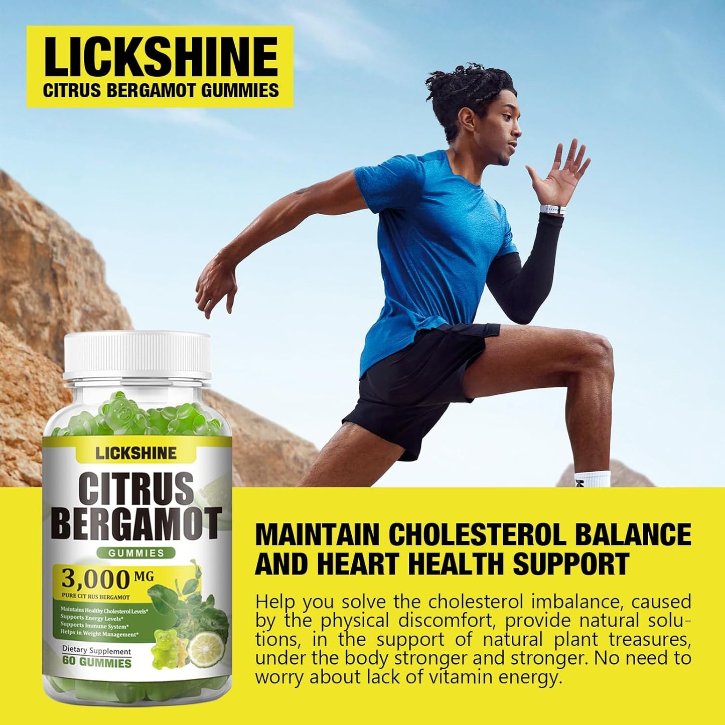 3000MG Citrus Bergamot Gummies - Cholesterol Lowering Supplement for Immune Support - Vegan Lime Flavor - 60 Count