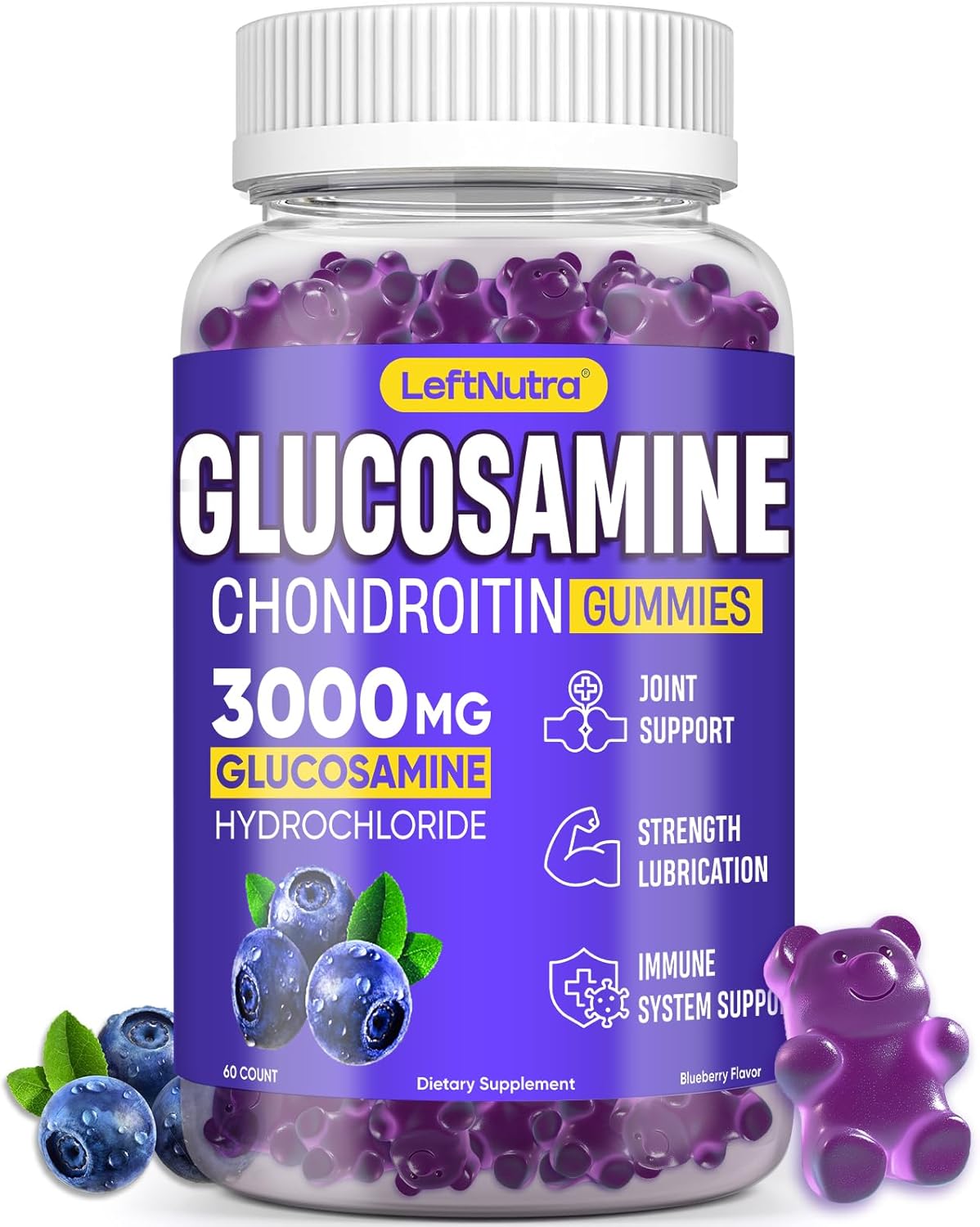 3000mg Glucosamine Chondroitin MSM Gummies for Joint Support - Blueberry Flavor, Antioxidant Immune Support, Bone & Joint Flexibility, Strength & Mobility - LeftNutra
