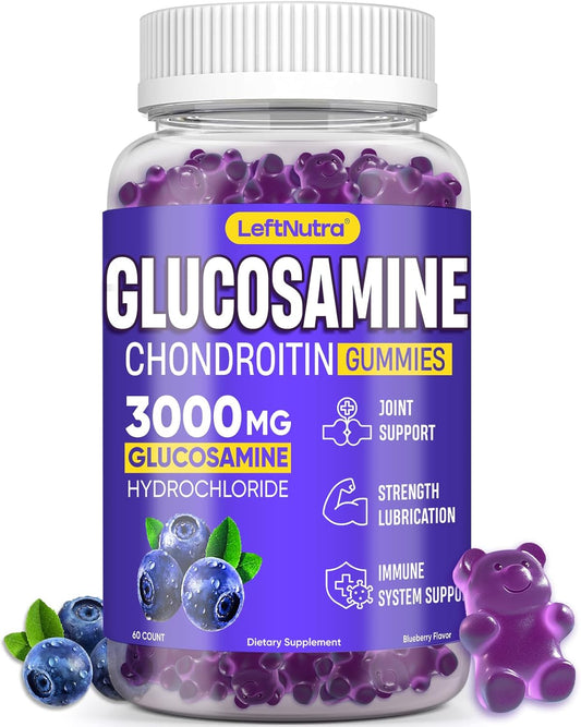 3000mg Glucosamine Chondroitin MSM Gummies for Joint Support - Blueberry Flavor, Antioxidant Immune Support, Bone & Joint Flexibility, Strength & Mobility - LeftNutra