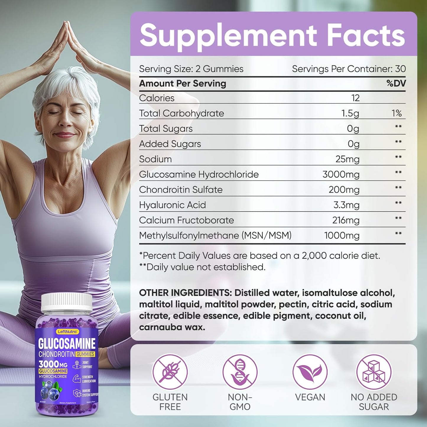 3000mg Glucosamine Chondroitin MSM Gummies for Joint Support - Blueberry Flavor, Antioxidant Immune Support, Bone & Joint Flexibility, Strength & Mobility - LeftNutra