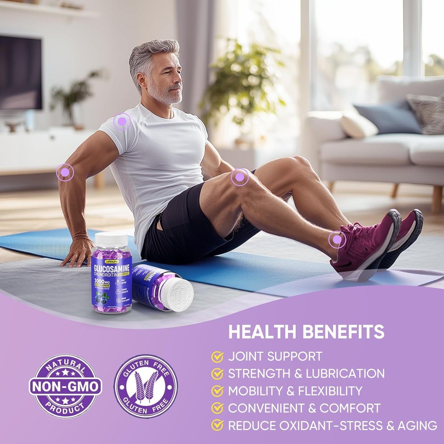 3000mg Glucosamine Chondroitin MSM Gummies for Joint Support - Blueberry Flavor, Antioxidant Immune Support, Bone & Joint Flexibility, Strength & Mobility - LeftNutra