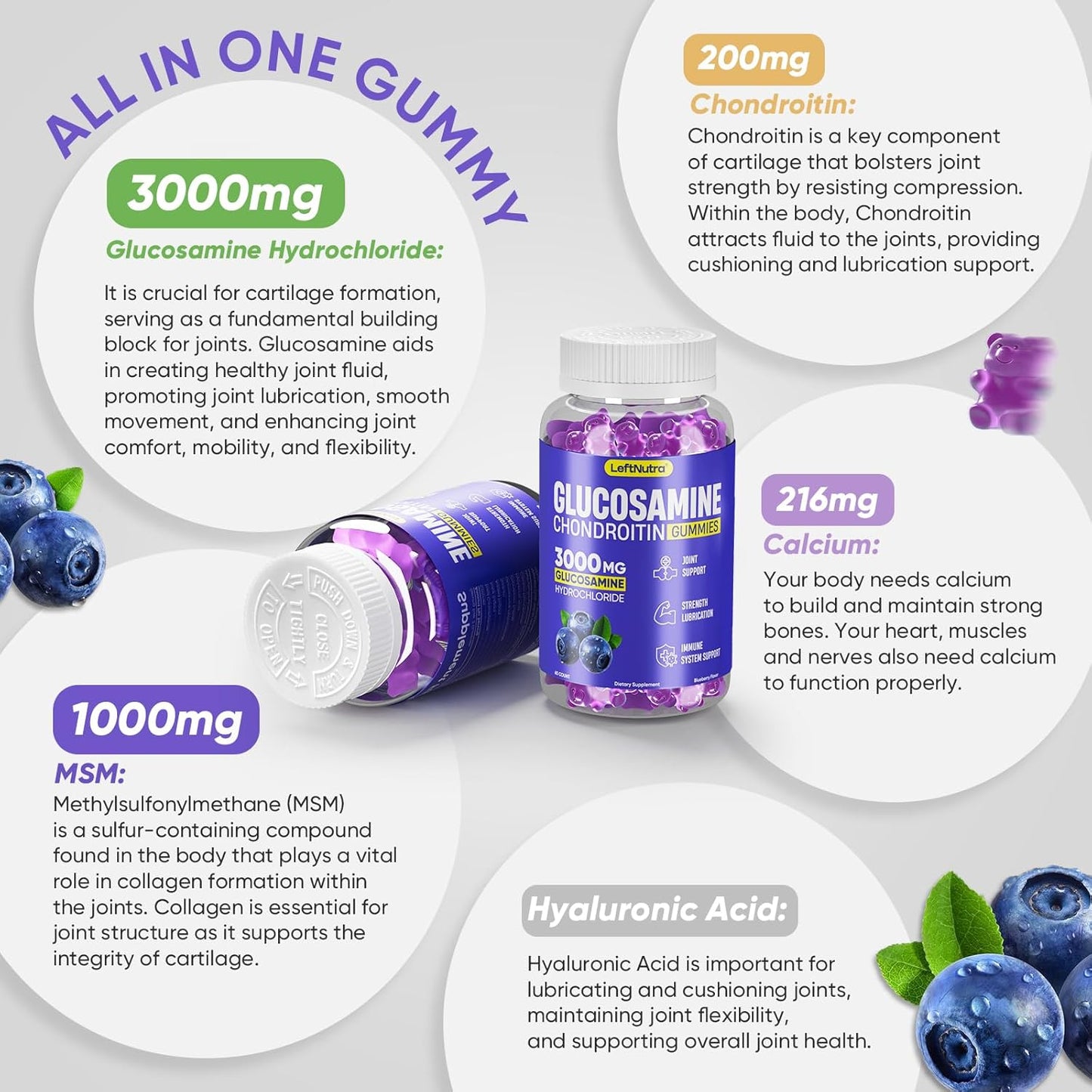 3000mg Glucosamine Chondroitin MSM Gummies for Joint Support - Blueberry Flavor, Antioxidant Immune Support, Bone & Joint Flexibility, Strength & Mobility - LeftNutra