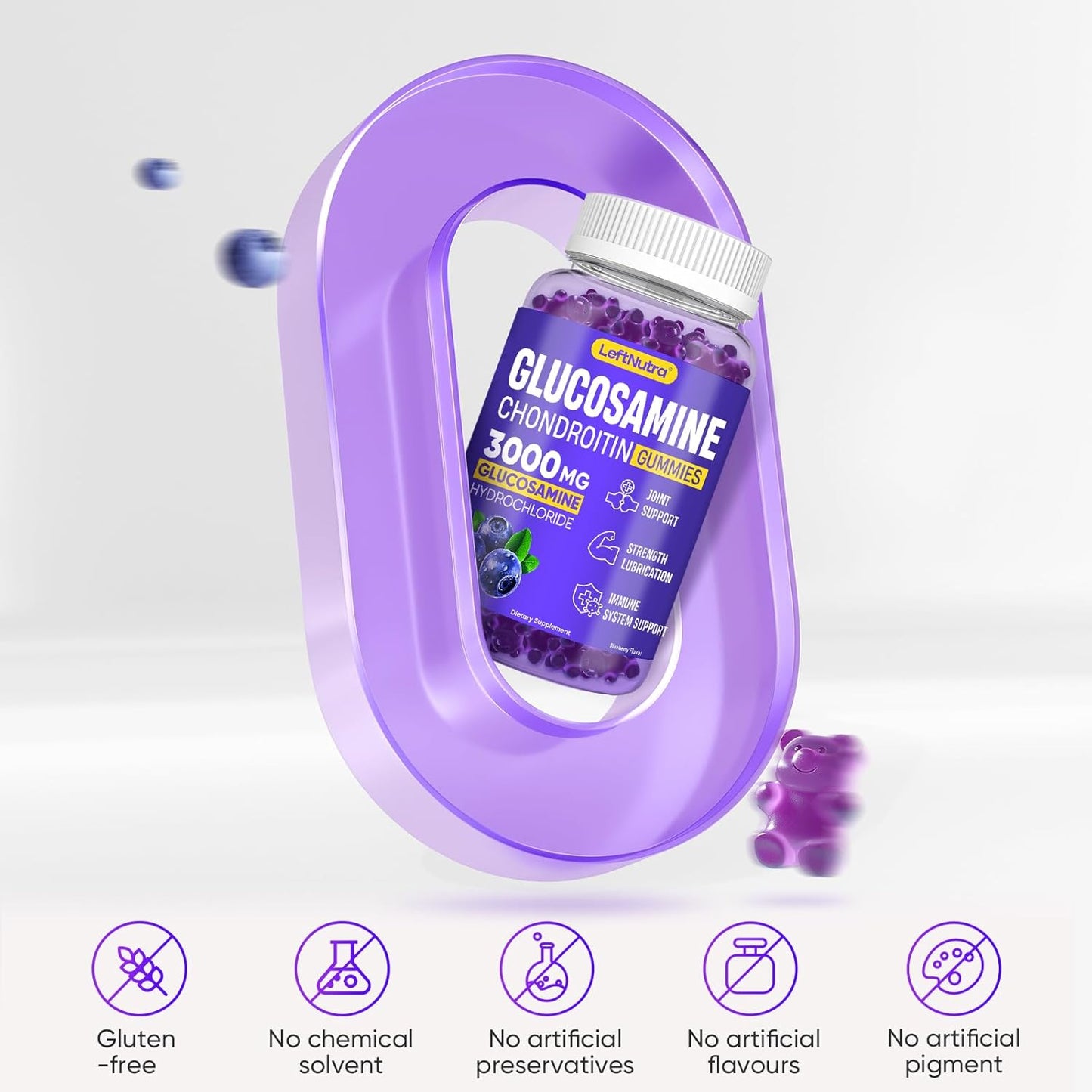 3000mg Glucosamine Chondroitin MSM Gummies for Joint Support - Blueberry Flavor, Antioxidant Immune Support, Bone & Joint Flexibility, Strength & Mobility - LeftNutra