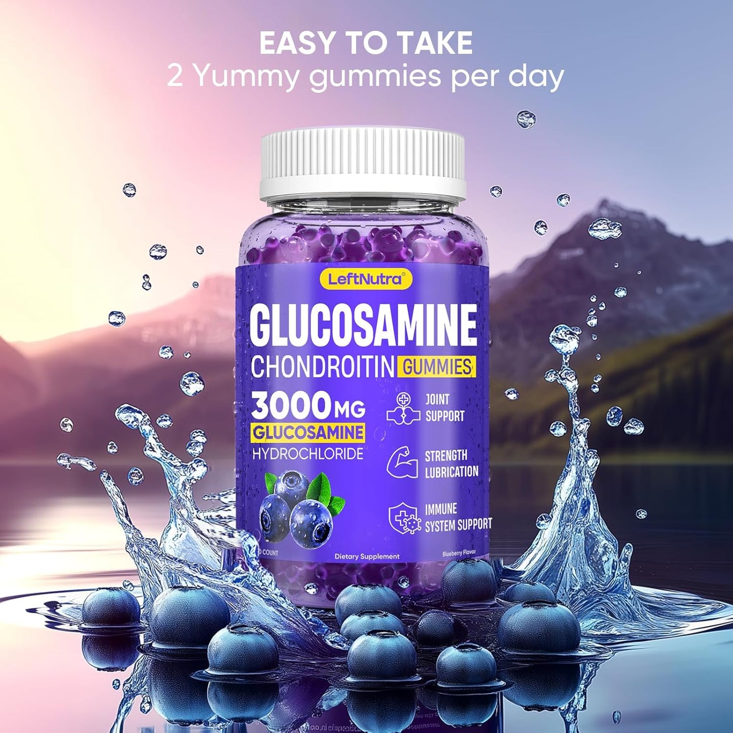3000mg Glucosamine Chondroitin MSM Gummies for Joint Support - Blueberry Flavor, Antioxidant Immune Support, Bone & Joint Flexibility, Strength & Mobility - LeftNutra
