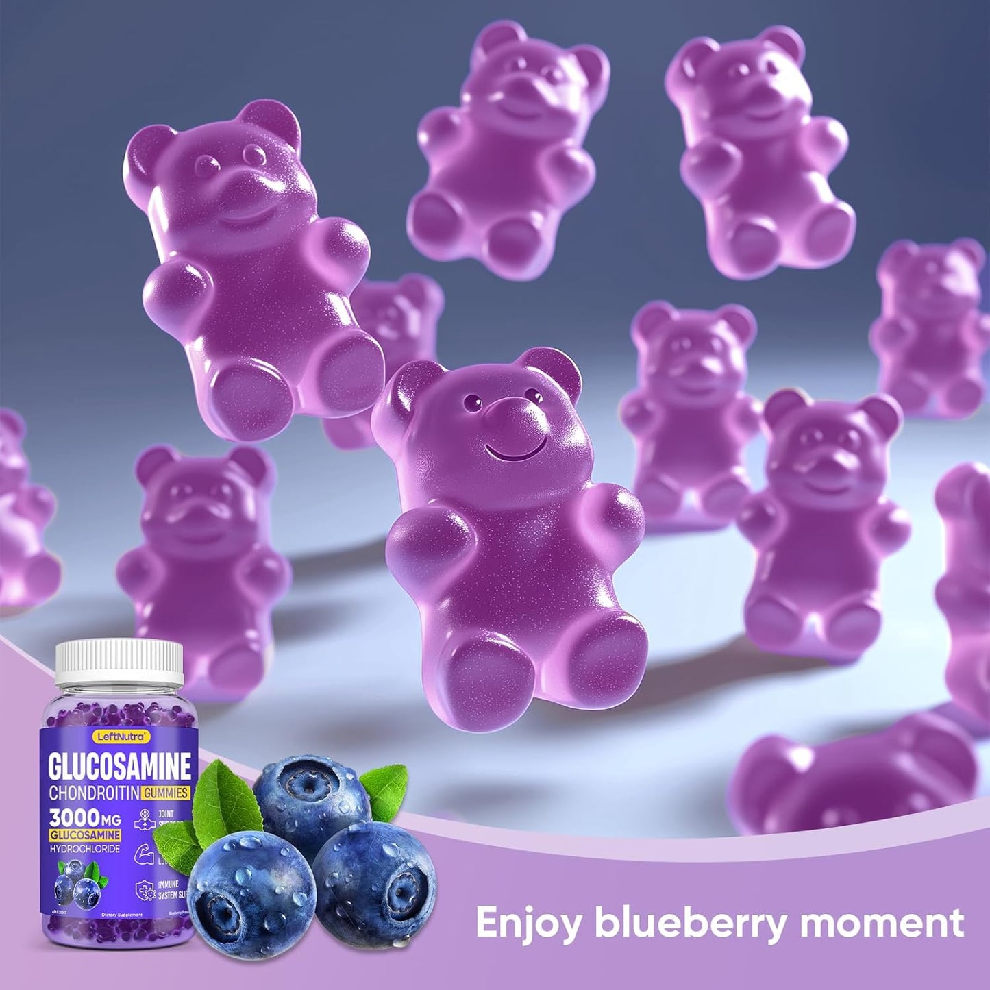 3000mg Glucosamine Chondroitin MSM Gummies for Joint Support - Blueberry Flavor, Antioxidant Immune Support, Bone & Joint Flexibility, Strength & Mobility - LeftNutra