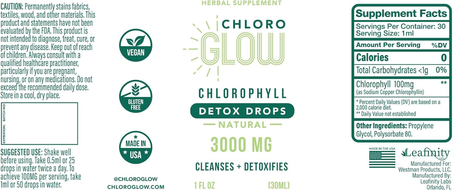 3000mg Liquid Chlorophyll Drops | Energy Boost, Metabolism & Immune Support | Natural Detox & Deodorizer | Altitude Sickness Prevention | 30ml (1 Pack)