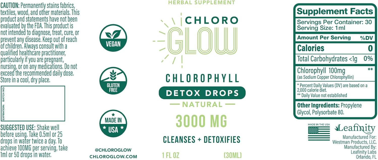 3000mg Liquid Chlorophyll Drops | Energy Boost, Metabolism & Immune Support | Natural Detox & Deodorizer | Altitude Sickness Prevention | 30ml (1 Pack)