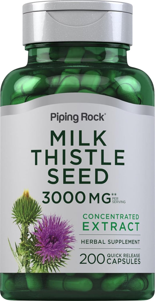 3000mg Milk Thistle Supplement Capsules - 200 Count, Concentrated Herbal Extract, Non-GMO & Gluten Free - Piping Rock