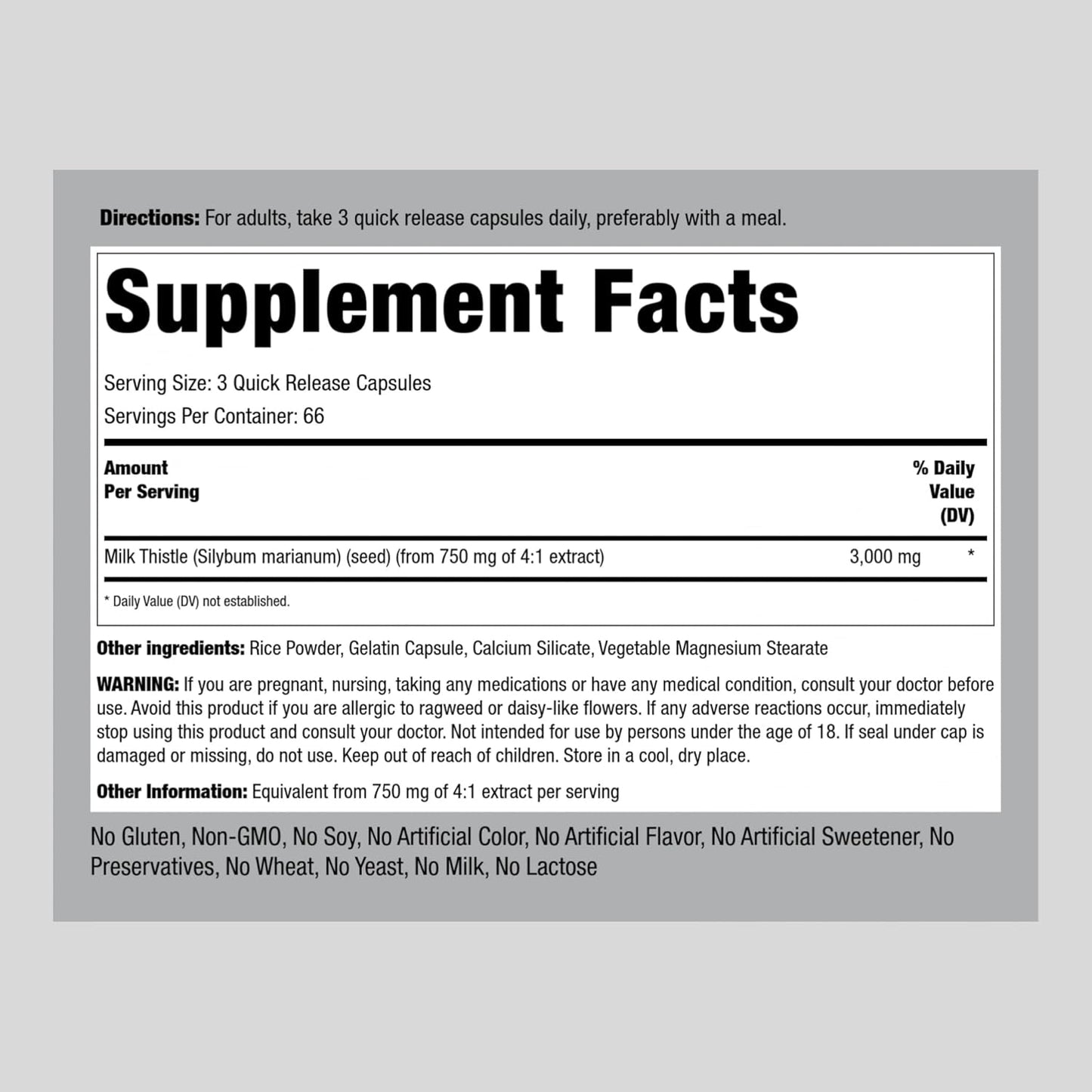 3000mg Milk Thistle Supplement Capsules - 200 Count, Concentrated Herbal Extract, Non-GMO & Gluten Free - Piping Rock