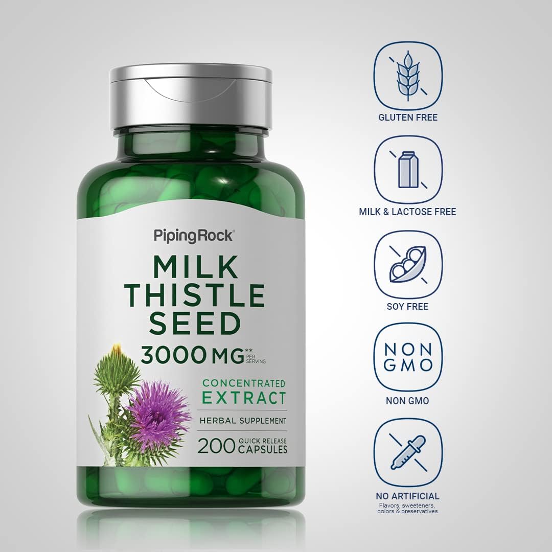 3000mg Milk Thistle Supplement Capsules - 200 Count, Concentrated Herbal Extract, Non-GMO & Gluten Free - Piping Rock