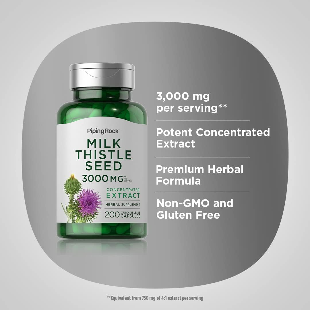 3000mg Milk Thistle Supplement Capsules - 200 Count, Concentrated Herbal Extract, Non-GMO & Gluten Free - Piping Rock