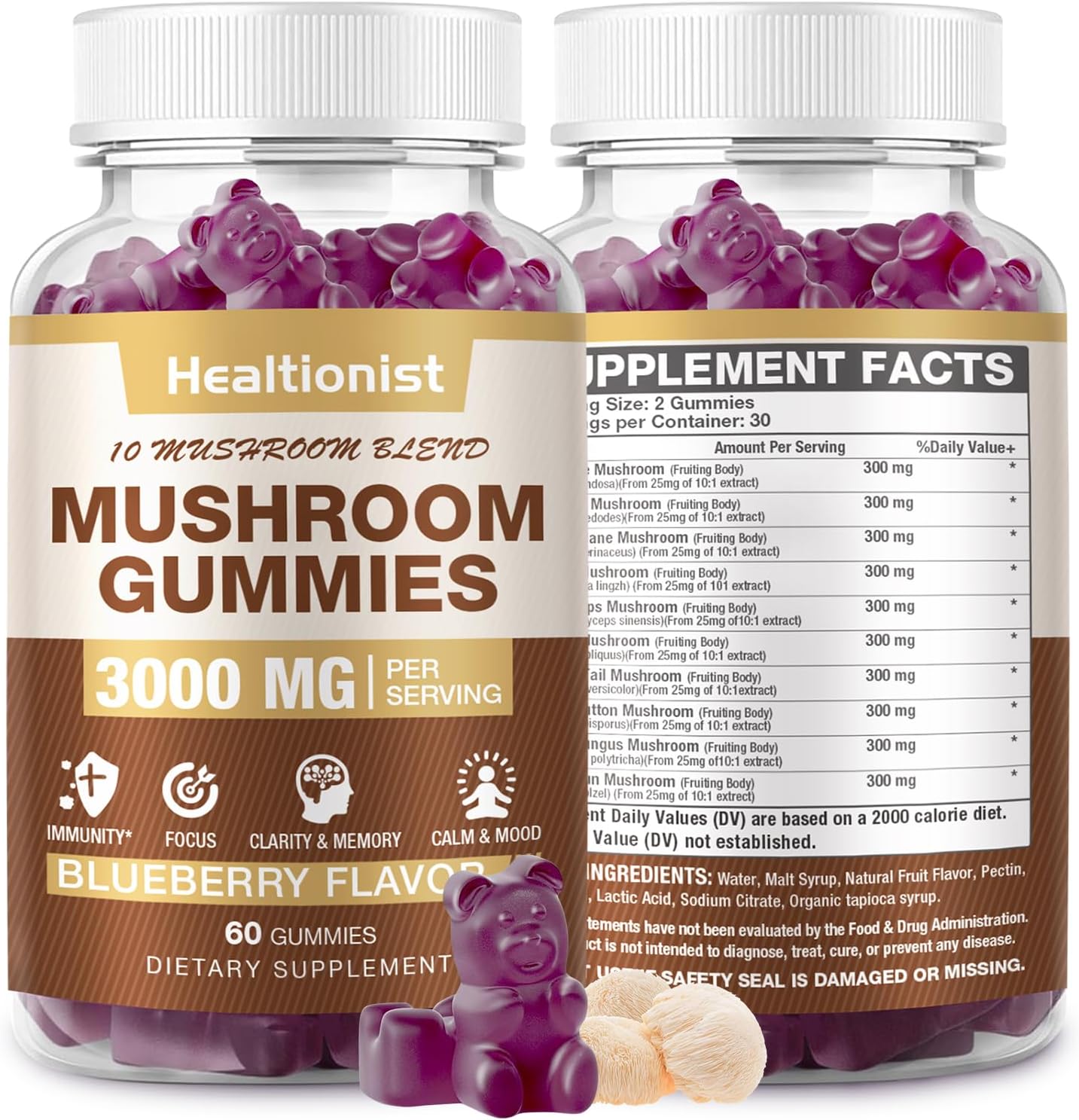 3000MG Mushroom Complex Gummies 10 Blend - Lion's Mane, Cordyceps, Shiitake, Reishi, Chaga - Brain, Immune Support, Stress Relief, Energy - Mushroom Supplement 60ct for Men & Women