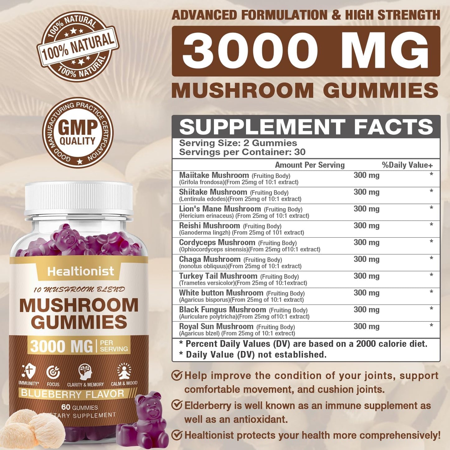 3000MG Mushroom Complex Gummies 10 Blend - Lion's Mane, Cordyceps, Shiitake, Reishi, Chaga - Brain, Immune Support, Stress Relief, Energy - Mushroom Supplement 60ct for Men & Women