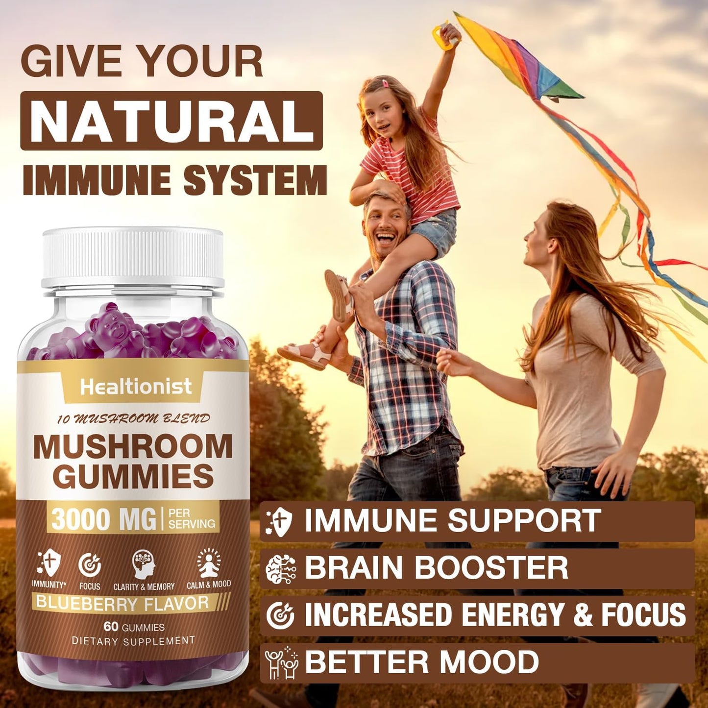 3000MG Mushroom Complex Gummies 10 Blend - Lion's Mane, Cordyceps, Shiitake, Reishi, Chaga - Brain, Immune Support, Stress Relief, Energy - Mushroom Supplement 60ct for Men & Women