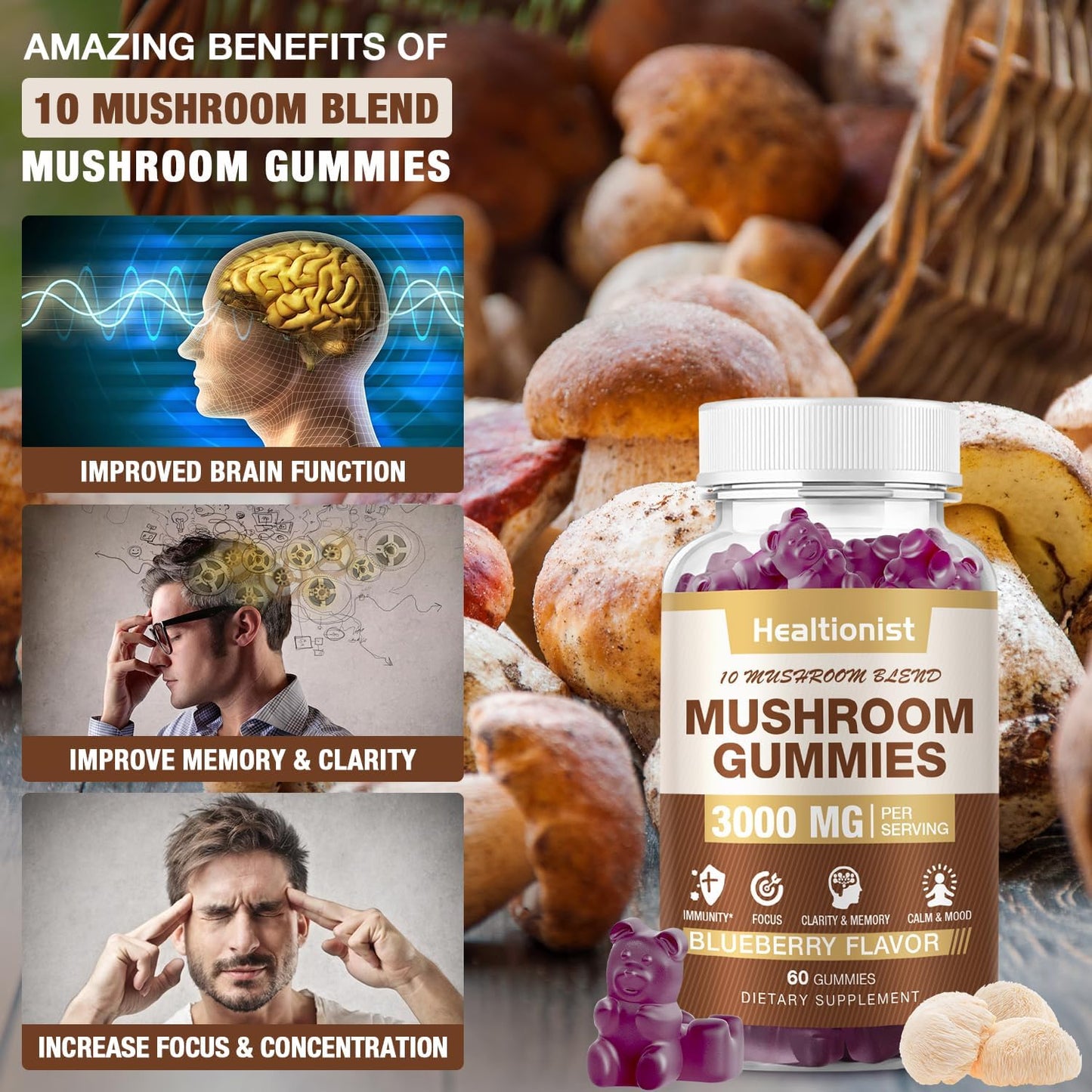 3000MG Mushroom Complex Gummies 10 Blend - Lion's Mane, Cordyceps, Shiitake, Reishi, Chaga - Brain, Immune Support, Stress Relief, Energy - Mushroom Supplement 60ct for Men & Women