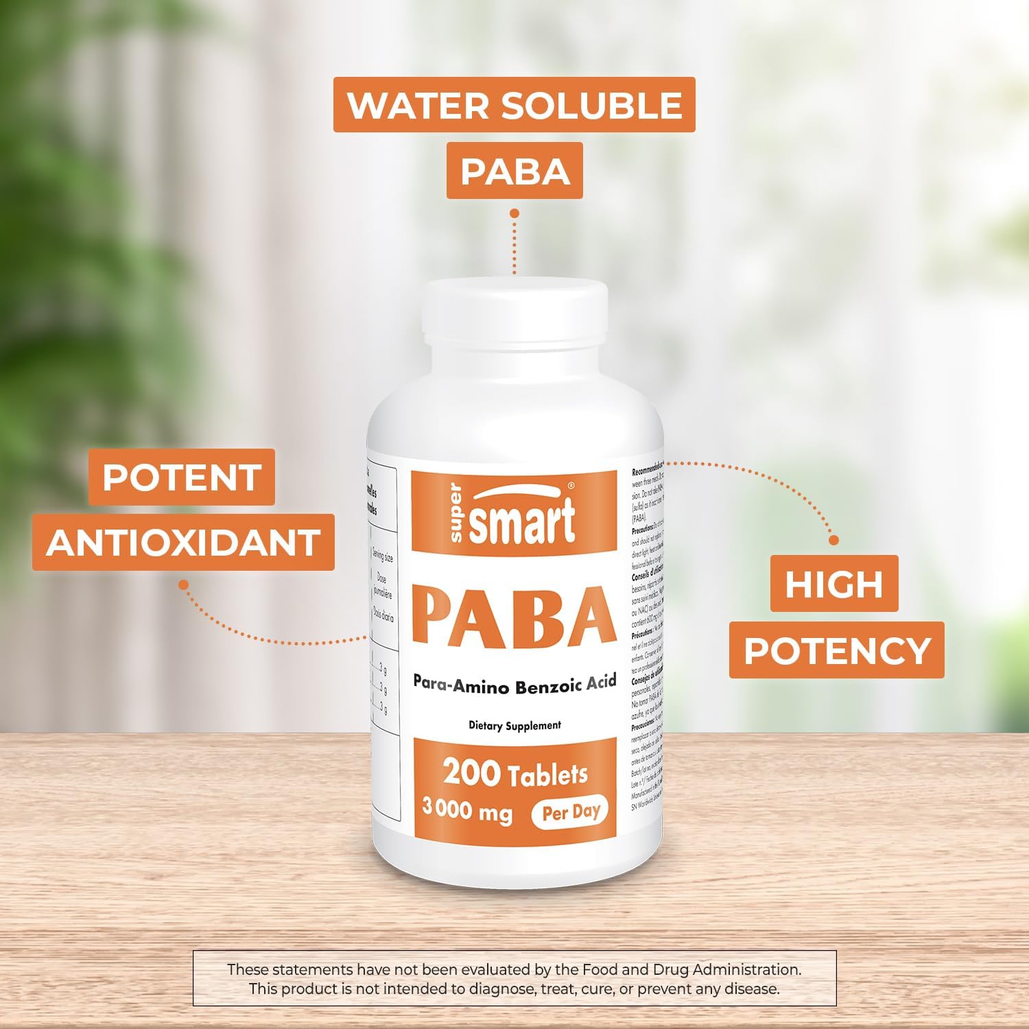 3000mg PABA Supplement - Natural B Complex Vitamin - Water Soluble - Non-GMO & Gluten Free - 200 Tablets