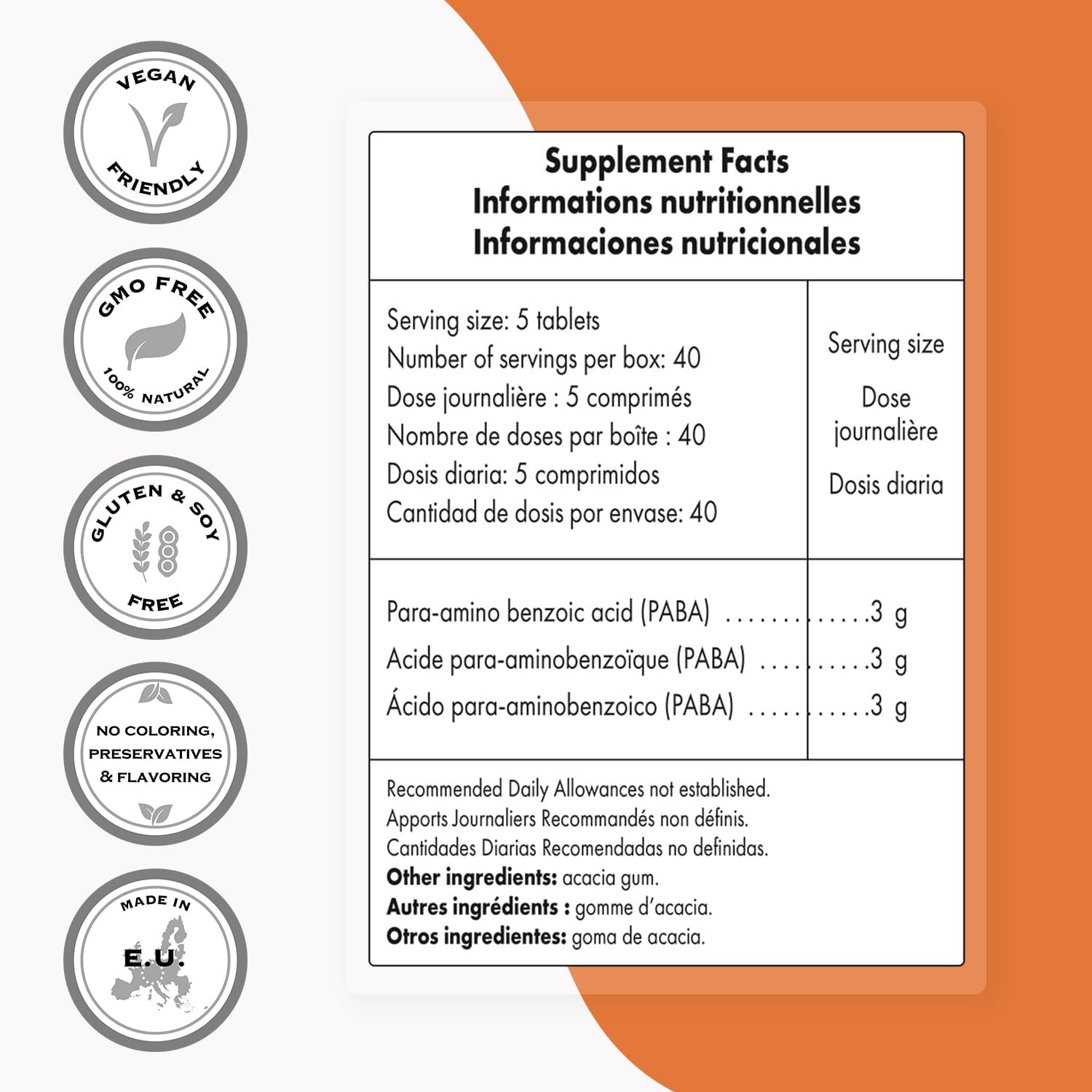 3000mg PABA Supplement - Natural B Complex Vitamin - Water Soluble - Non-GMO & Gluten Free - 200 Tablets