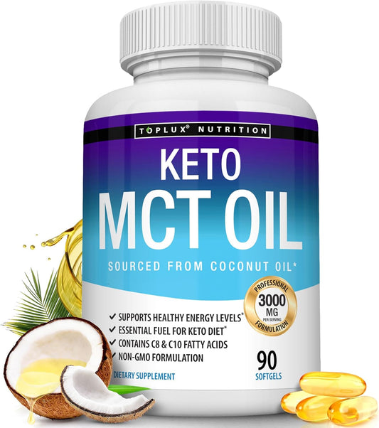 3000mg Toplux Keto MCT Oil Capsules - Pure Coconut Oil Extract Pills for Energy Source, Easy to Digest Softgels for Men and Women - 90 Count Supplement