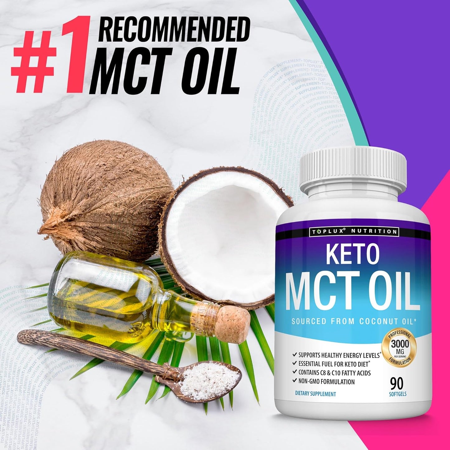 3000mg Toplux Keto MCT Oil Capsules - Pure Coconut Oil Extract Pills for Energy Source, Easy to Digest Softgels for Men and Women - 90 Count Supplement