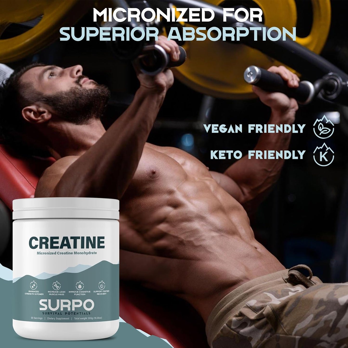 300g Micronized Creatine Monohydrate Powder - 60 Servings, Pure & Unflavored | Gluten Free & Non GMO Workout Supplement for Muscle Recovery & Growth