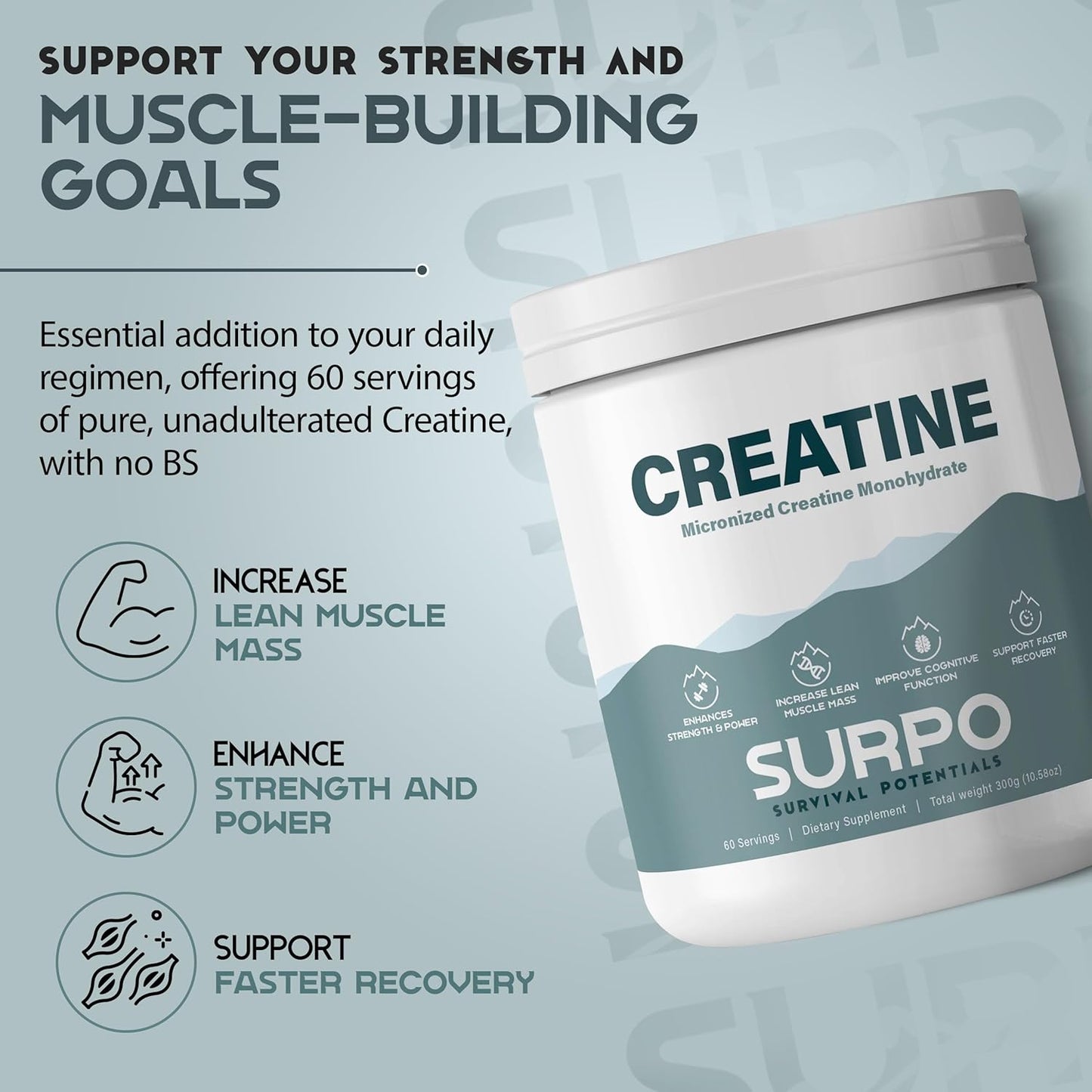 300g Micronized Creatine Monohydrate Powder - 60 Servings, Pure & Unflavored | Gluten Free & Non GMO Workout Supplement for Muscle Recovery & Growth