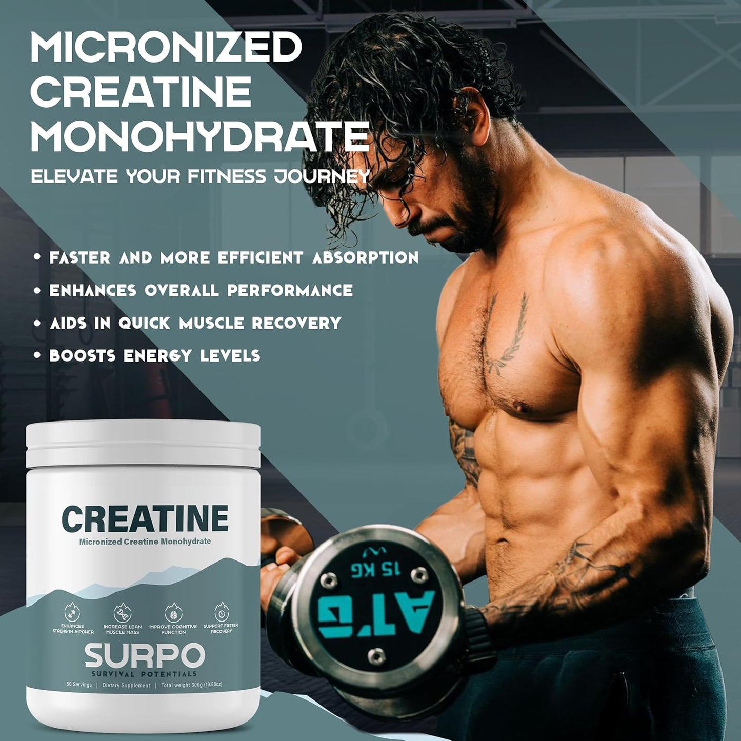 300g Micronized Creatine Monohydrate Powder - 60 Servings, Pure & Unflavored | Gluten Free & Non GMO Workout Supplement for Muscle Recovery & Growth