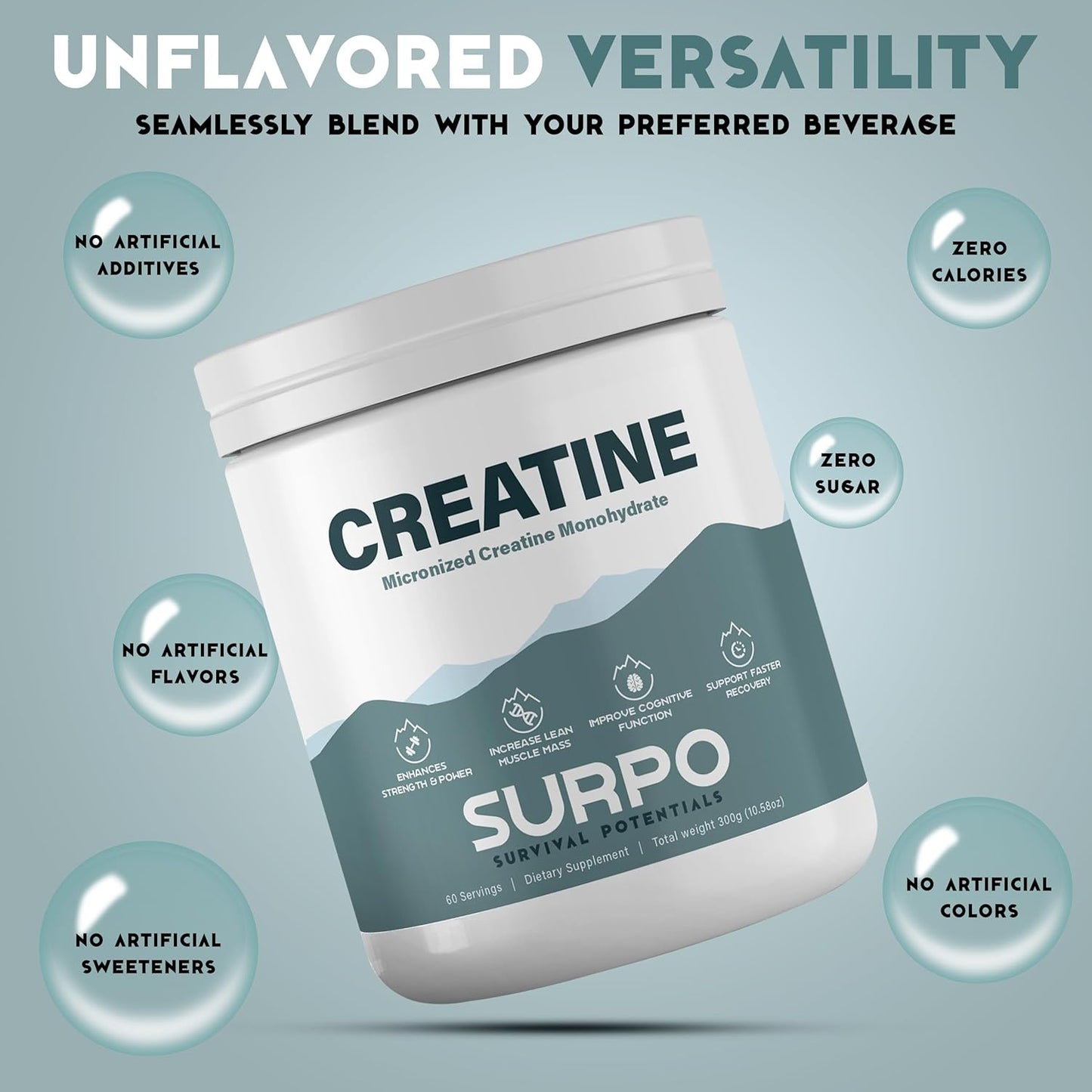 300g Micronized Creatine Monohydrate Powder - 60 Servings, Pure & Unflavored | Gluten Free & Non GMO Workout Supplement for Muscle Recovery & Growth