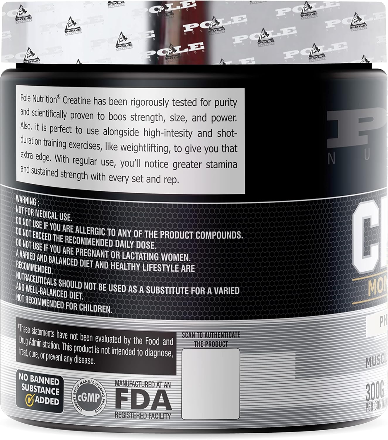 300g Pole Nutrition Creatine Monohydrate Micronized Powder - 120 Servings for Strength, Muscle Growth & Performance