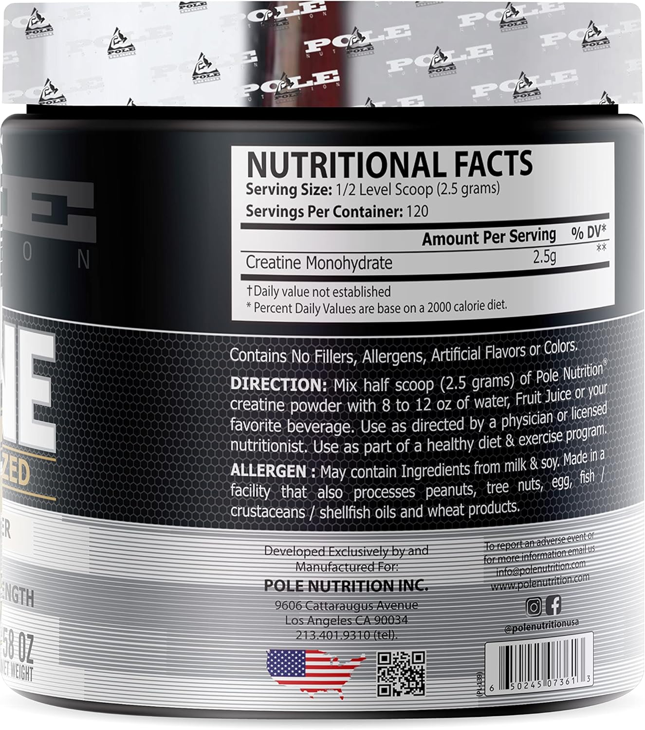 300g Pole Nutrition Creatine Monohydrate Micronized Powder - 120 Servings for Strength, Muscle Growth & Performance