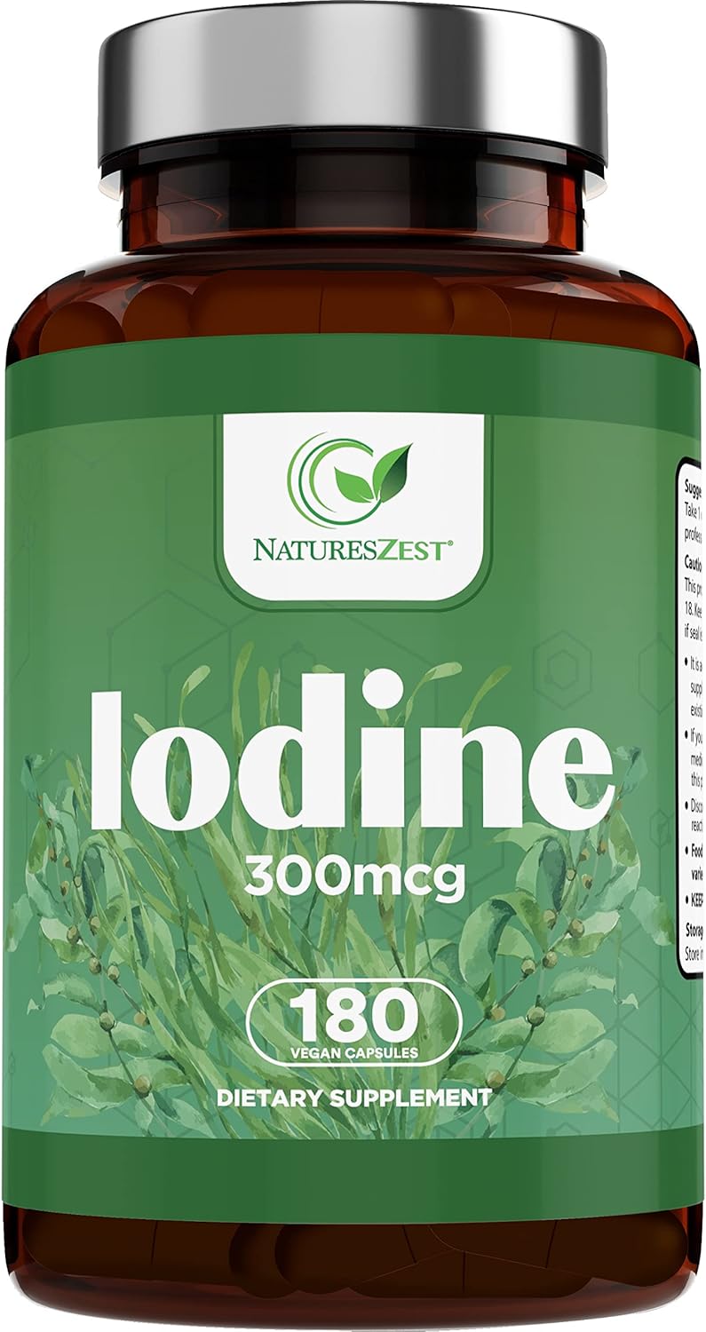 300mcg Pure Iodine Thyroid Support Supplement - 180 Capsules, 6 Month Supply - Potassium Iodide for Normal Thyroid Function - Vegan Formula