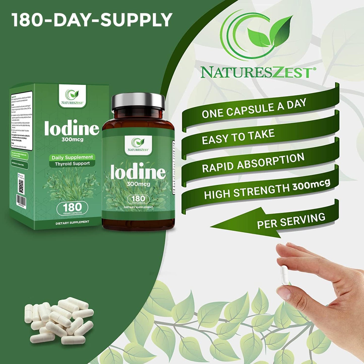 300mcg Pure Iodine Thyroid Support Supplement - 180 Capsules, 6 Month Supply - Potassium Iodide for Normal Thyroid Function - Vegan Formula