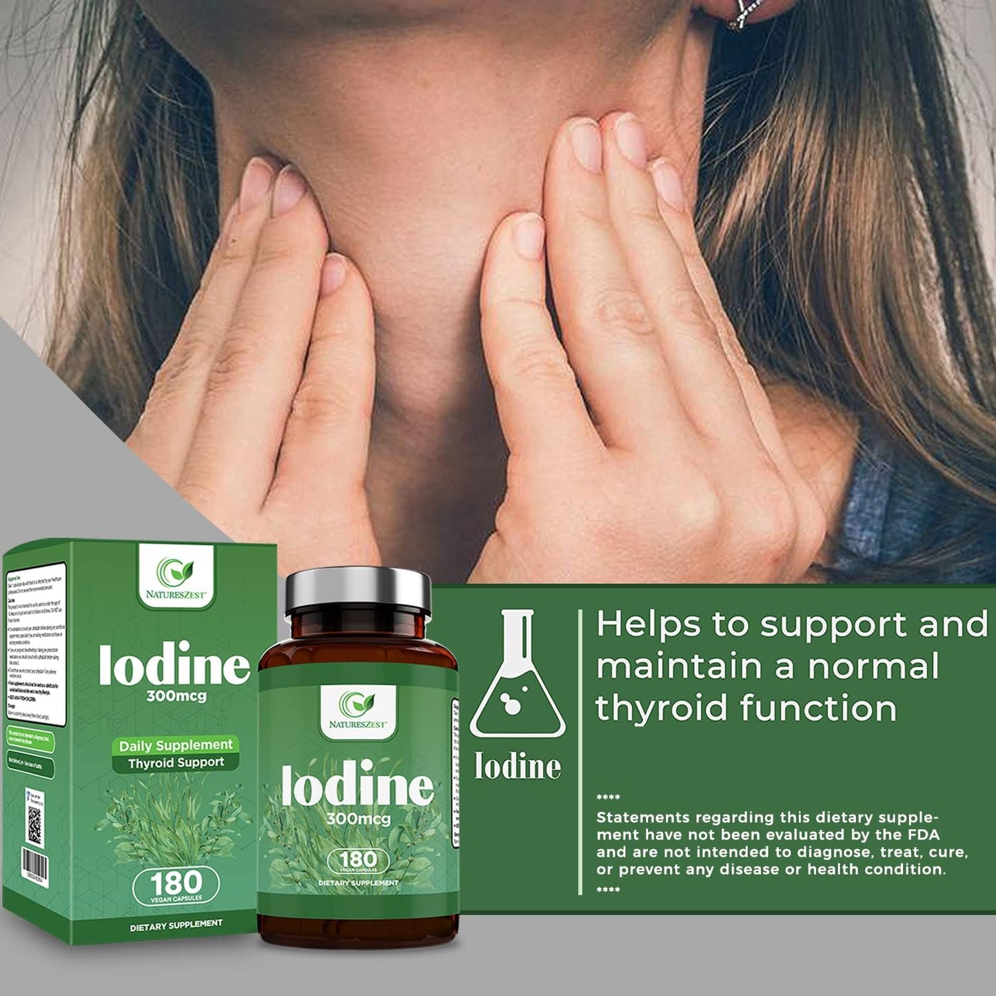 300mcg Pure Iodine Thyroid Support Supplement - 180 Capsules, 6 Month Supply - Potassium Iodide for Normal Thyroid Function - Vegan Formula
