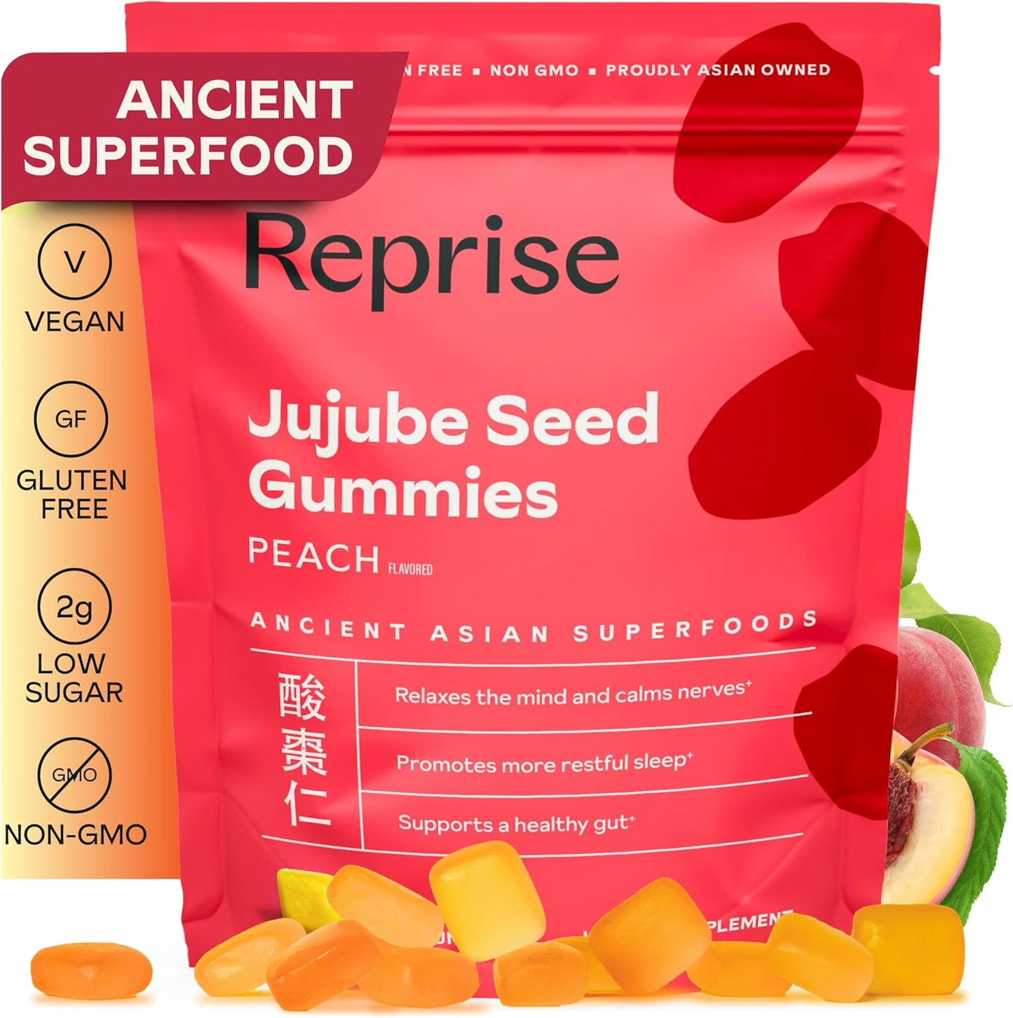 300mg Full-Spectrum Jujube Seed Daily Gummies for Relaxation & Sleep - 100% Plant-Based Vegan, Peach Flavored - 45 Gummies