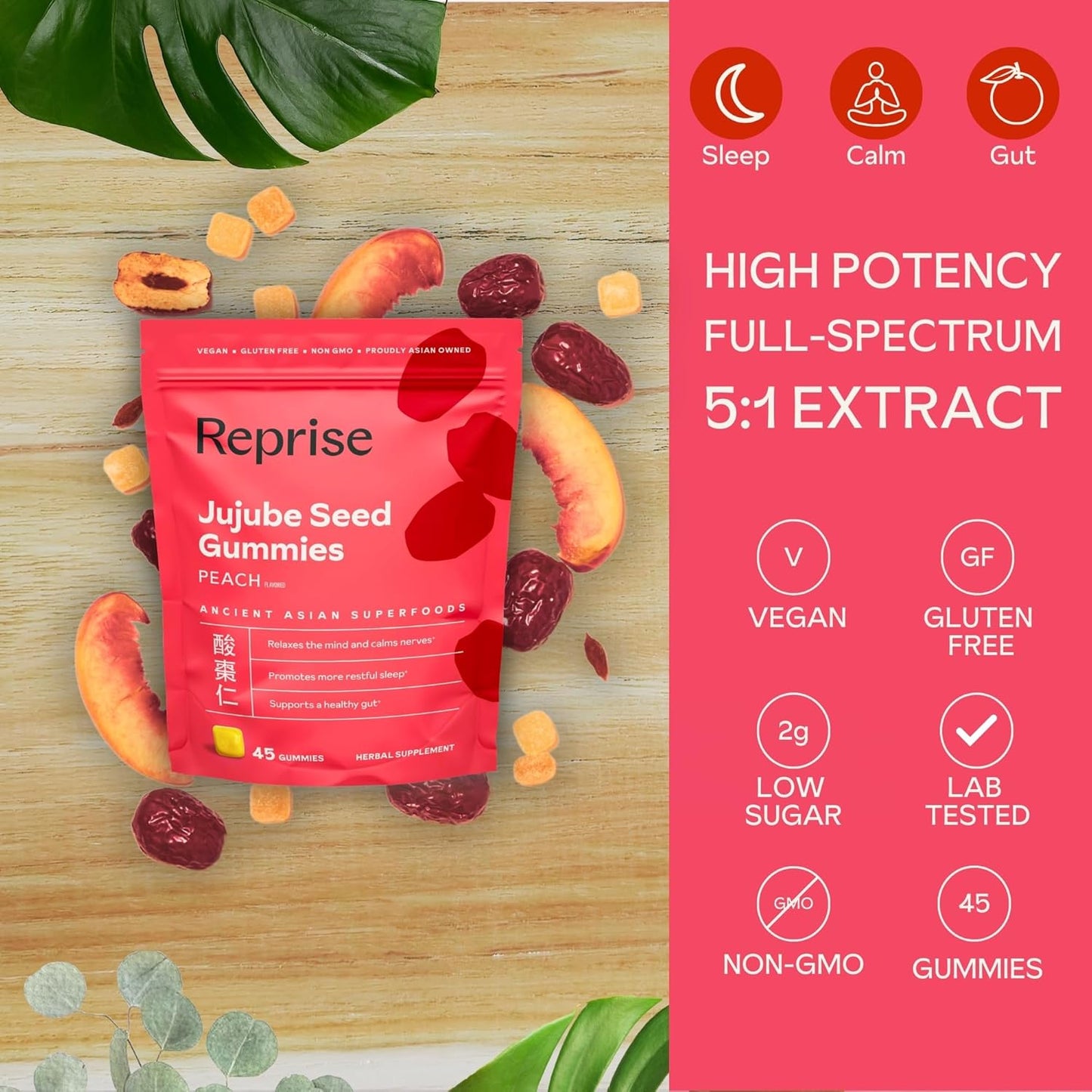 300mg Full-Spectrum Jujube Seed Daily Gummies for Relaxation & Sleep - 100% Plant-Based Vegan, Peach Flavored - 45 Gummies
