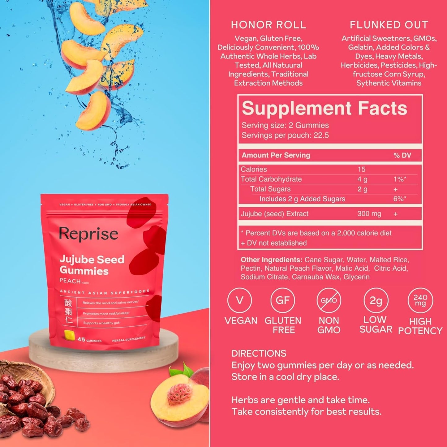 300mg Full-Spectrum Jujube Seed Daily Gummies for Relaxation & Sleep - 100% Plant-Based Vegan, Peach Flavored - 45 Gummies