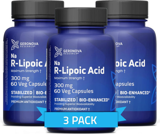 300mg Geronova Research Bio-Enhanced R-Lipoic Acid Capsules - 6 Month Supply - Stabilized Alpha Lipoic Acid - High Absorption - 180 Count