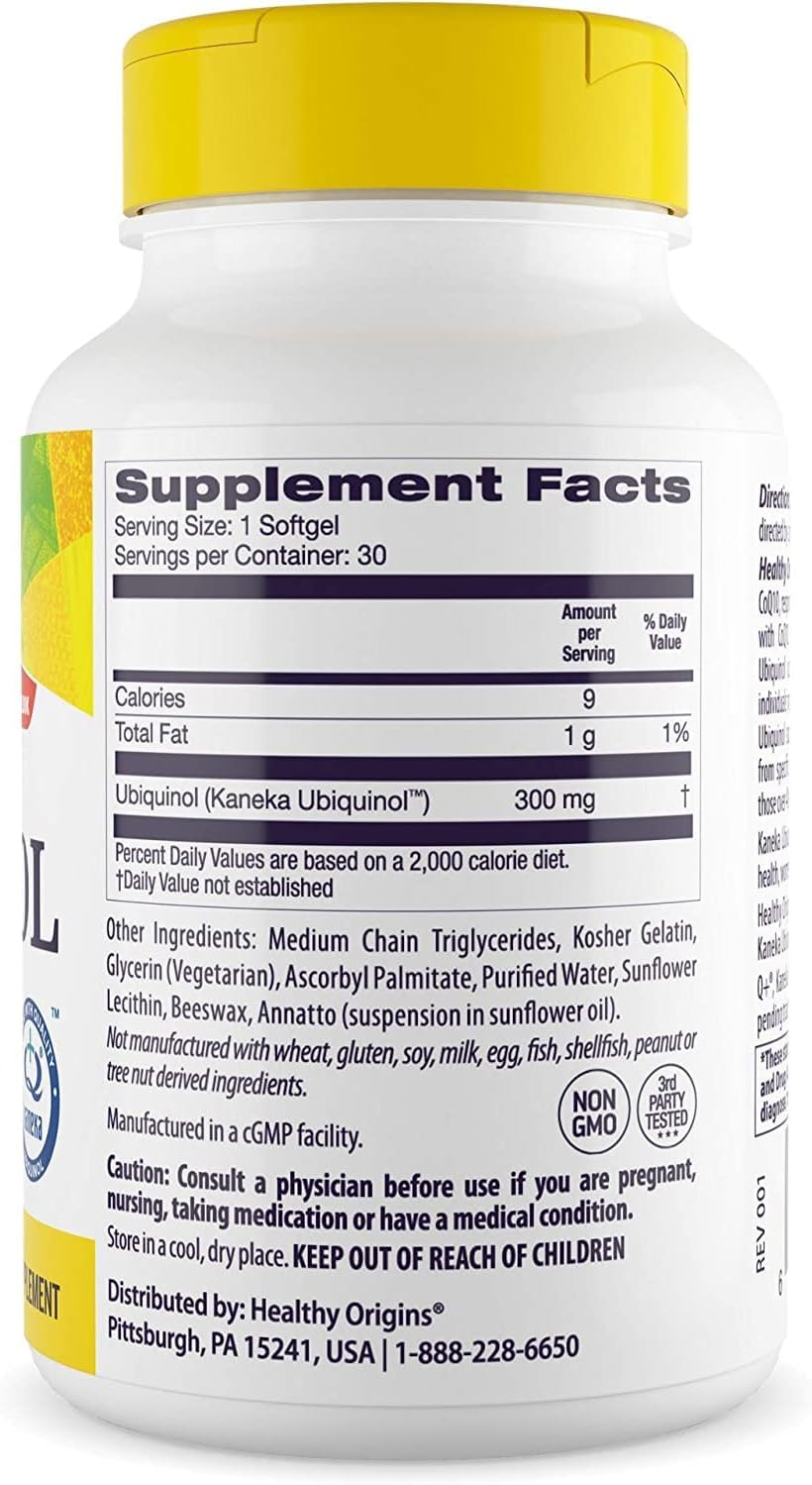 300mg Healthy Origins Ubiquinol Softgels - Kaneka Ubiquinol Supplements for Heart Health - Non-GMO Antioxidant Support - Gluten-Free - Activated CoQ10