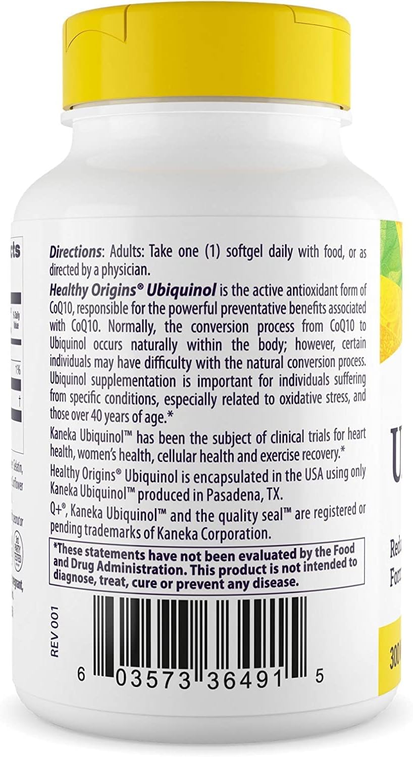 300mg Healthy Origins Ubiquinol Softgels - Kaneka Ubiquinol Supplements for Heart Health - Non-GMO Antioxidant Support - Gluten-Free - Activated CoQ10