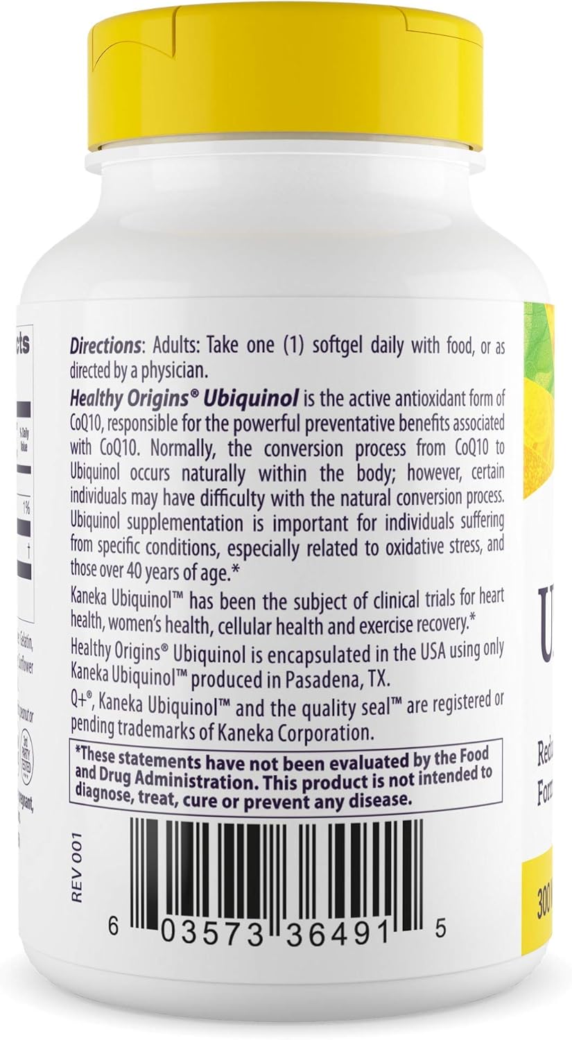 300mg Healthy Origins Ubiquinol Softgels - Kaneka Ubiquinol Supplements for Heart Health - Non-GMO Antioxidant Support - Gluten-Free - Activated CoQ10