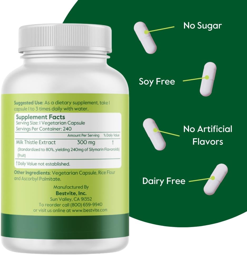 300mg Milk Thistle Capsules (240 Vegetarian) - 80% Silymarin Flavonoids - Vegan, Non-GMO, Gluten-Free - No Stearates - BoostGo Australia