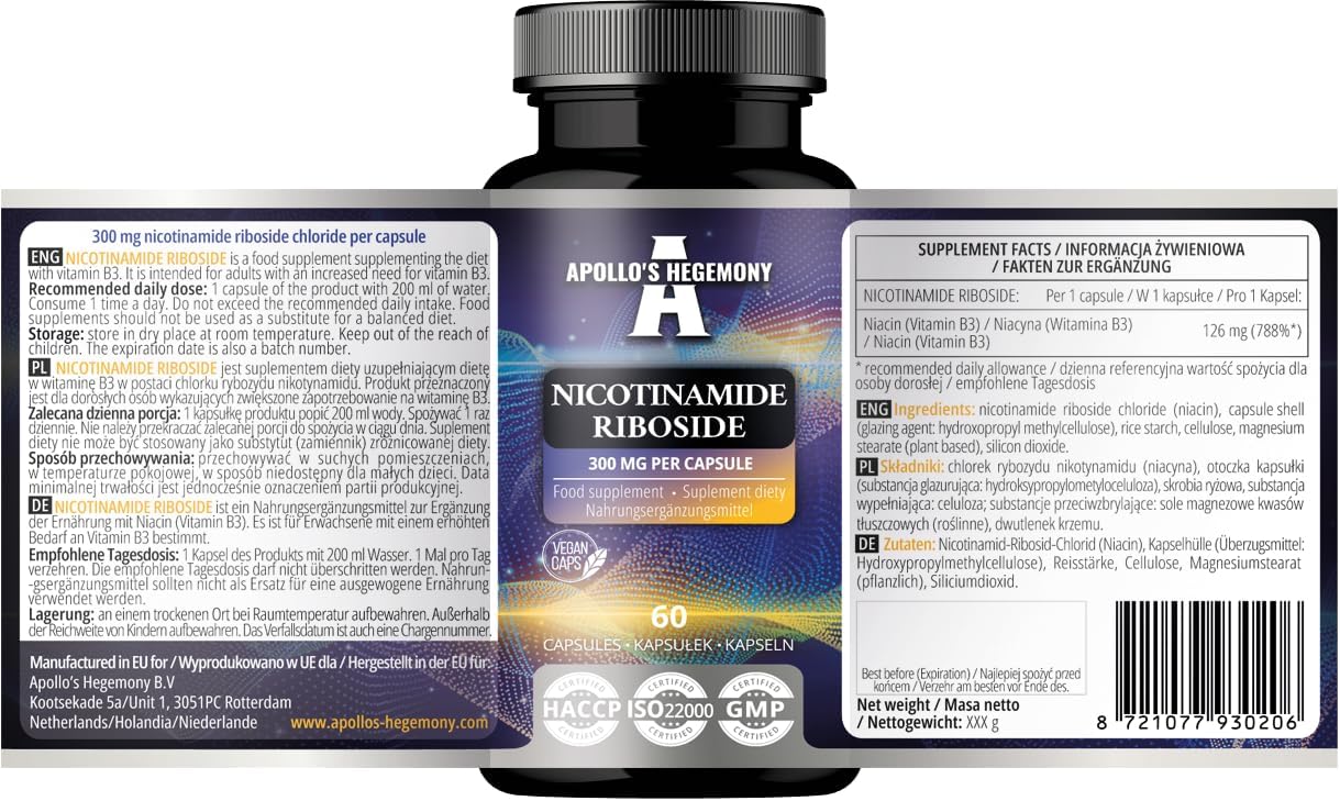 300mg Nicotinamide Riboside (NR) - 60 Vegan Capsules - Energy & Metabolism Support - NAD+ Precursor - Vitamin B3 Supplement