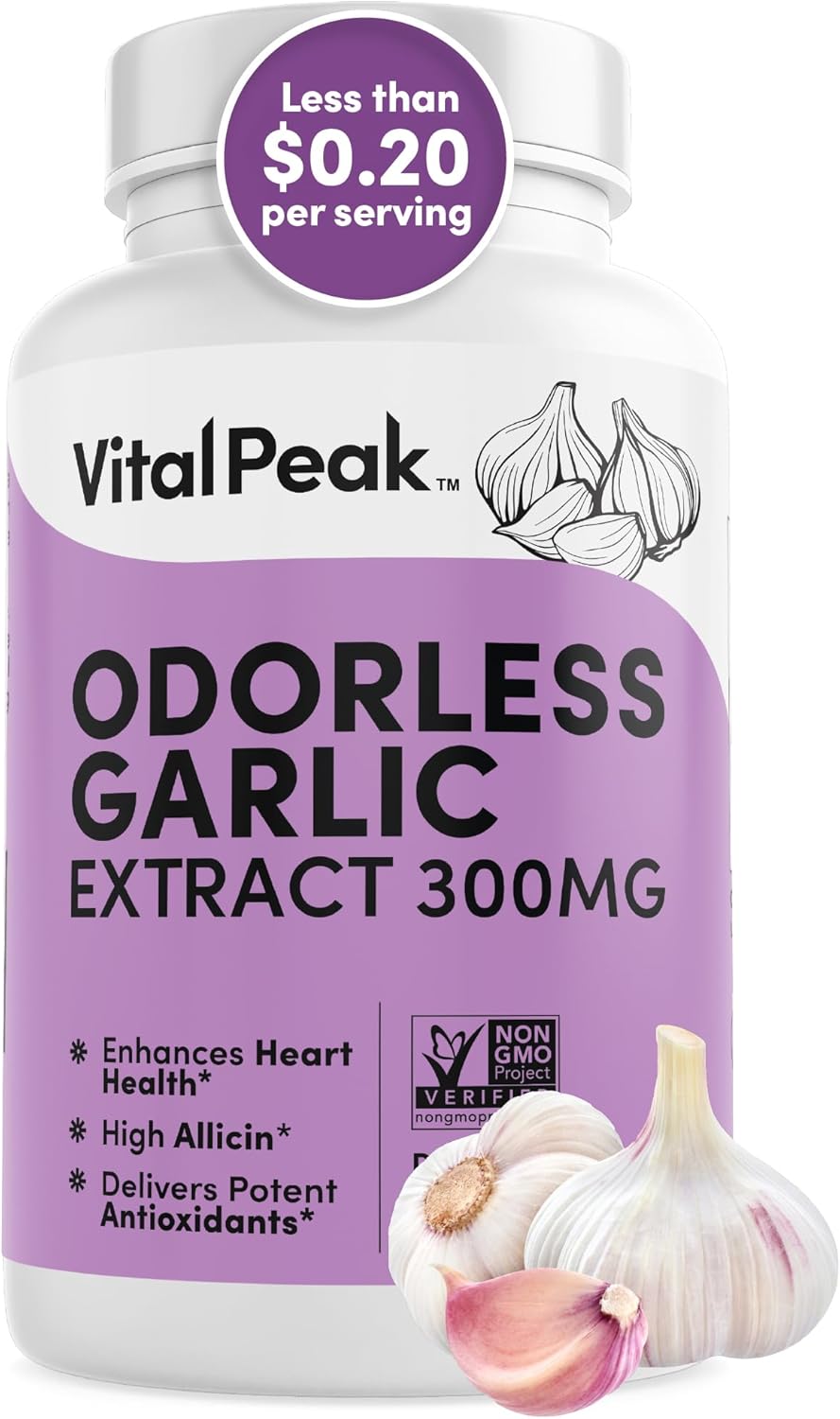 300mg Odorless Garlic Extract Capsules - Allicin-Rich Herbal Supplement for Heart, Liver, Immune Support - Non-GMO, Gluten-Free, Vegan - 90 Capsules