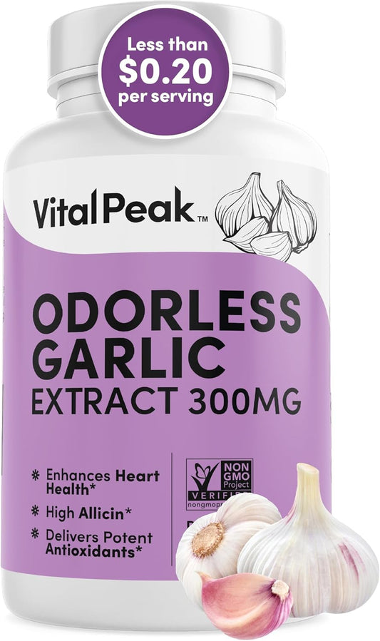 300mg Odorless Garlic Extract Capsules - Allicin-Rich Herbal Supplement for Heart, Liver, Immune Support - Non-GMO, Gluten-Free, Vegan - 90 Capsules