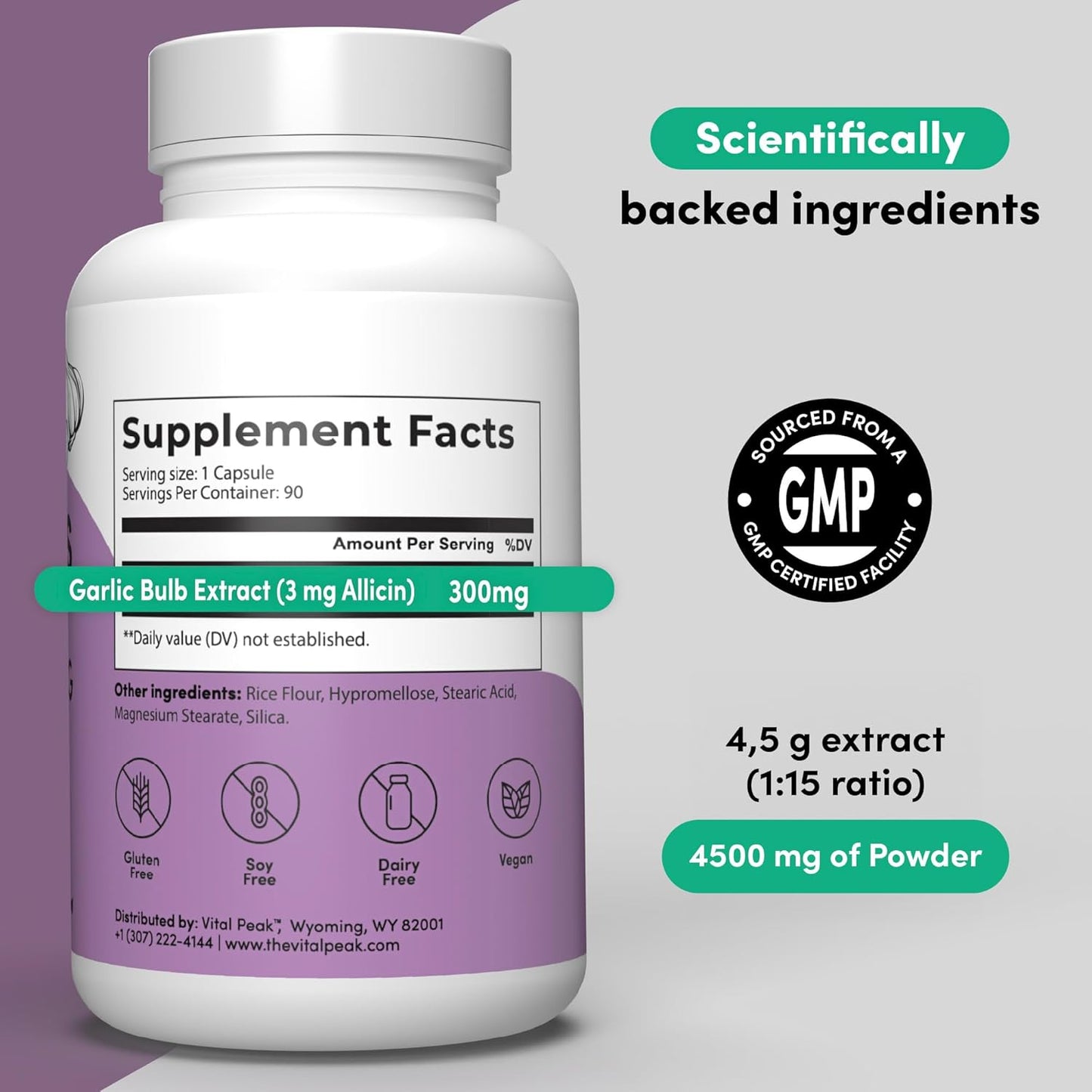 300mg Odorless Garlic Extract Capsules - Allicin-Rich Herbal Supplement for Heart, Liver, Immune Support - Non-GMO, Gluten-Free, Vegan - 90 Capsules