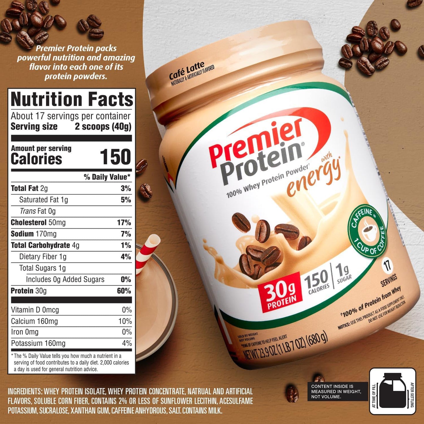 30g Protein Cafe Latte Premier Protein Powder, 1g Sugar, 100% Whey, Keto Friendly, No Soy, Gluten Free - 17 Servings, 23.9 oz