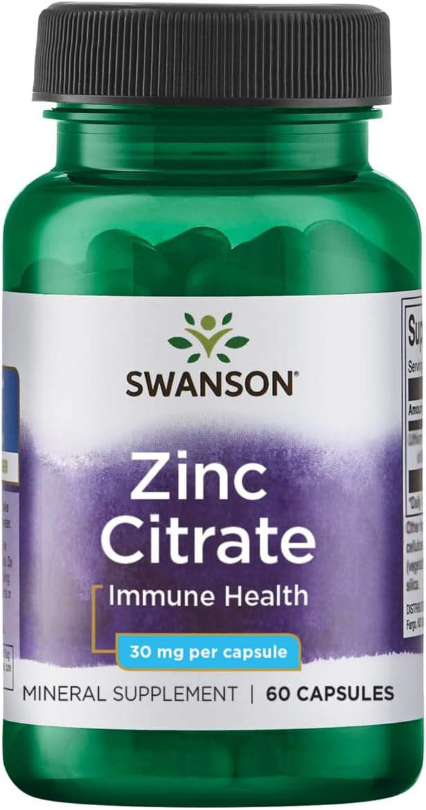 30mg Swanson Zinc Citrate Capsules - 60 Count Bottle for Immune Support and Overall Health