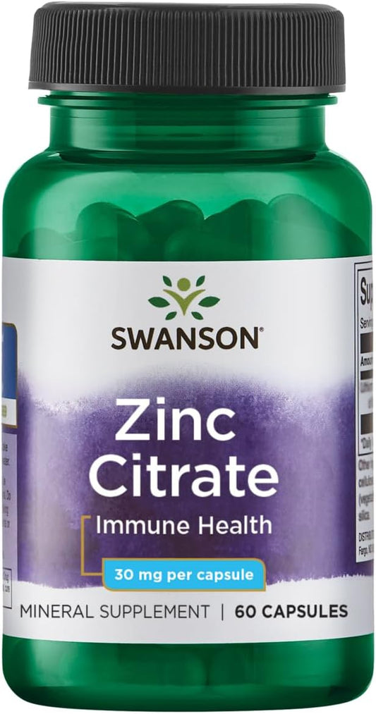 30mg Swanson Zinc Citrate Capsules - 60 Count Bottle for Immune Support and Overall Health