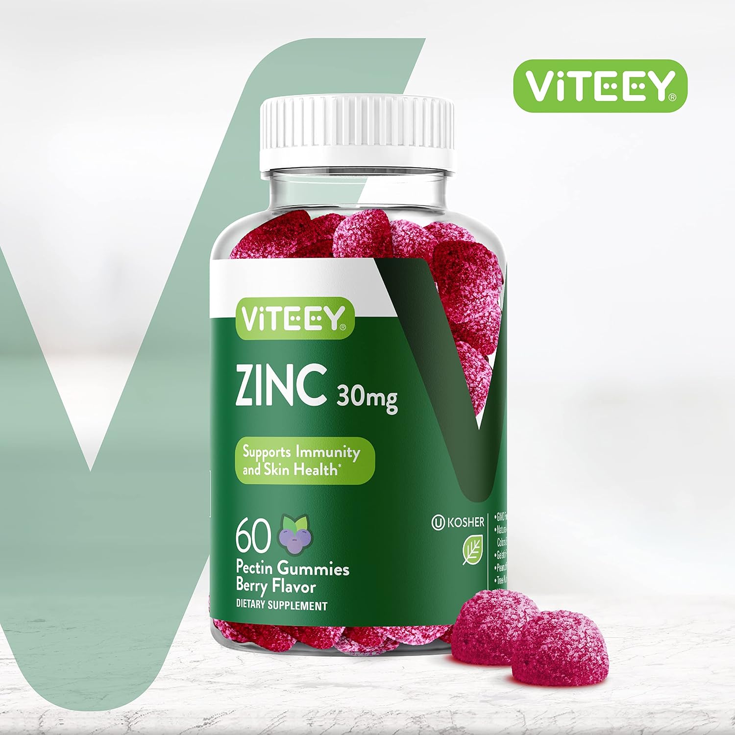 30mg Viteey Zinc Gummies for Adults & Teens - Immune & Antioxidant Support - Vegan Berry Flavored Supplement