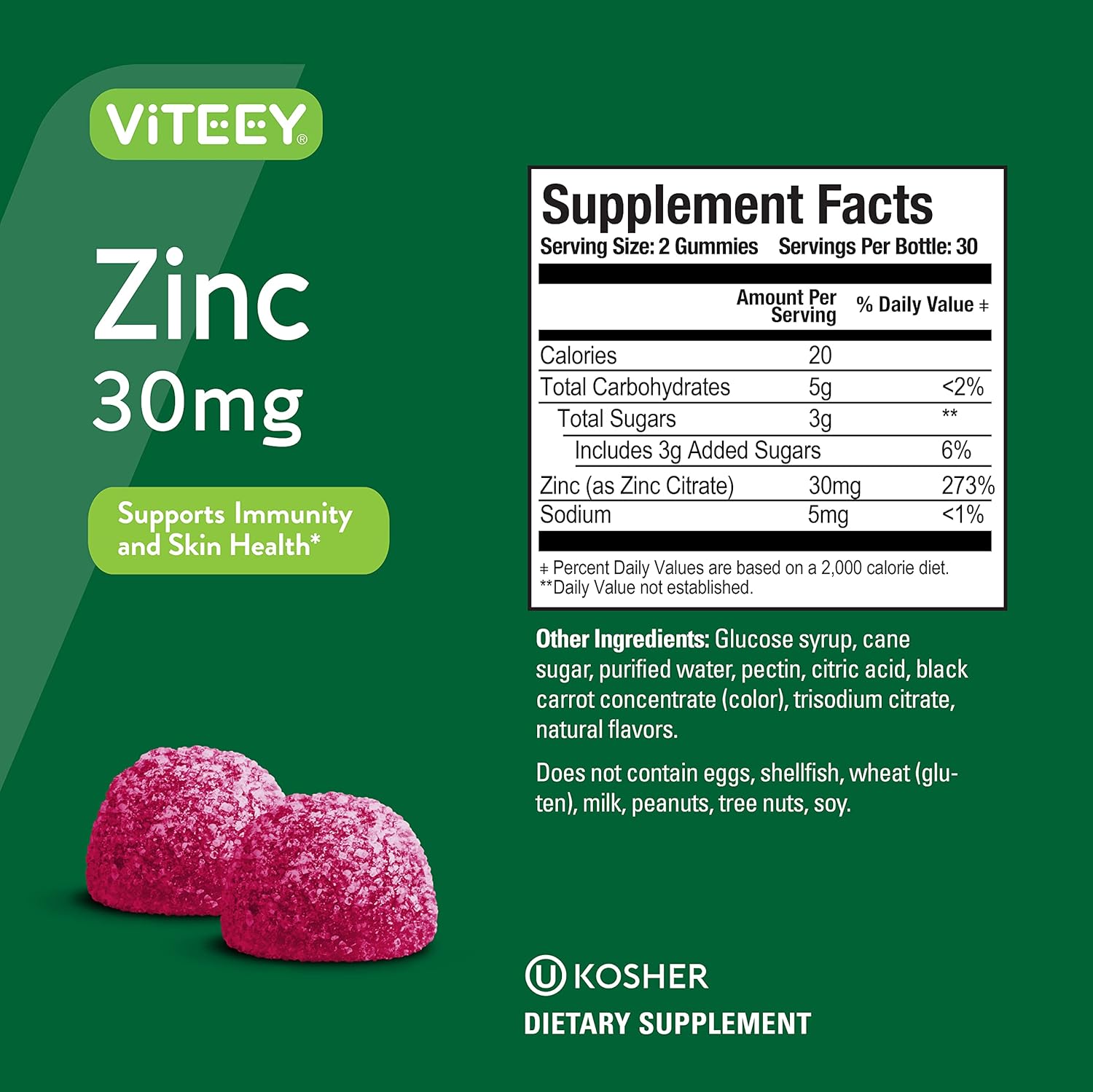 30mg Viteey Zinc Gummies for Adults & Teens - Immune & Antioxidant Support - Vegan Berry Flavored Supplement
